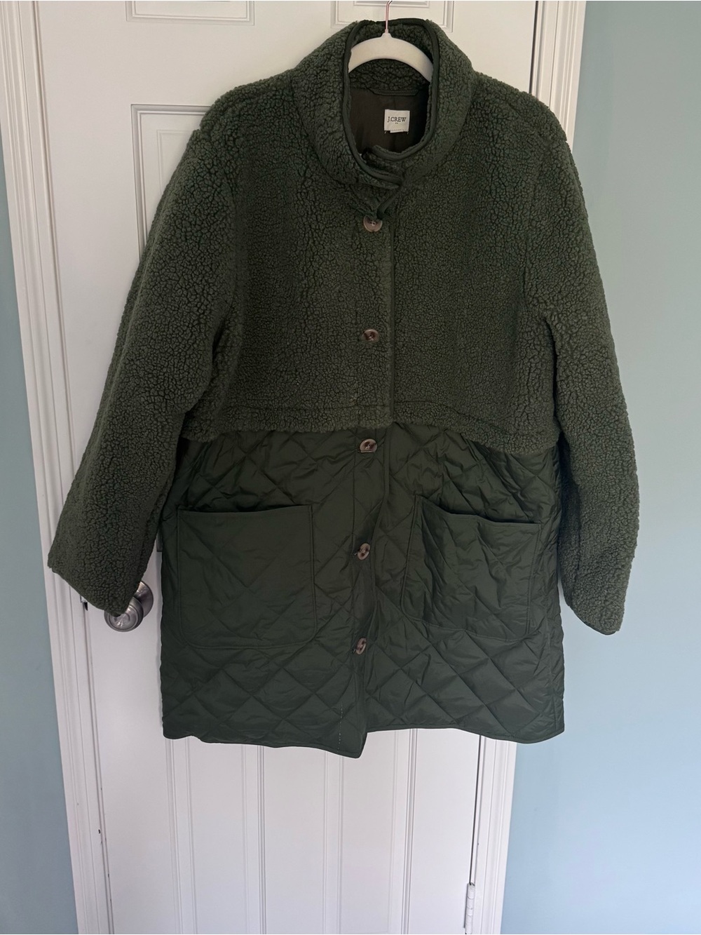 J. Crew Mixed Media Sherpa Coat in Distressed Fatigue Green barn jacket olive - Picture 5 of 10